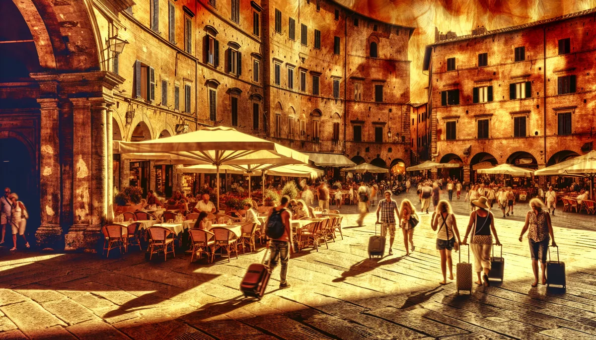 A beautiful Italian piazza with historic buildings and outdoor cafés, showing travelers with luggage walking through the square during golden hour