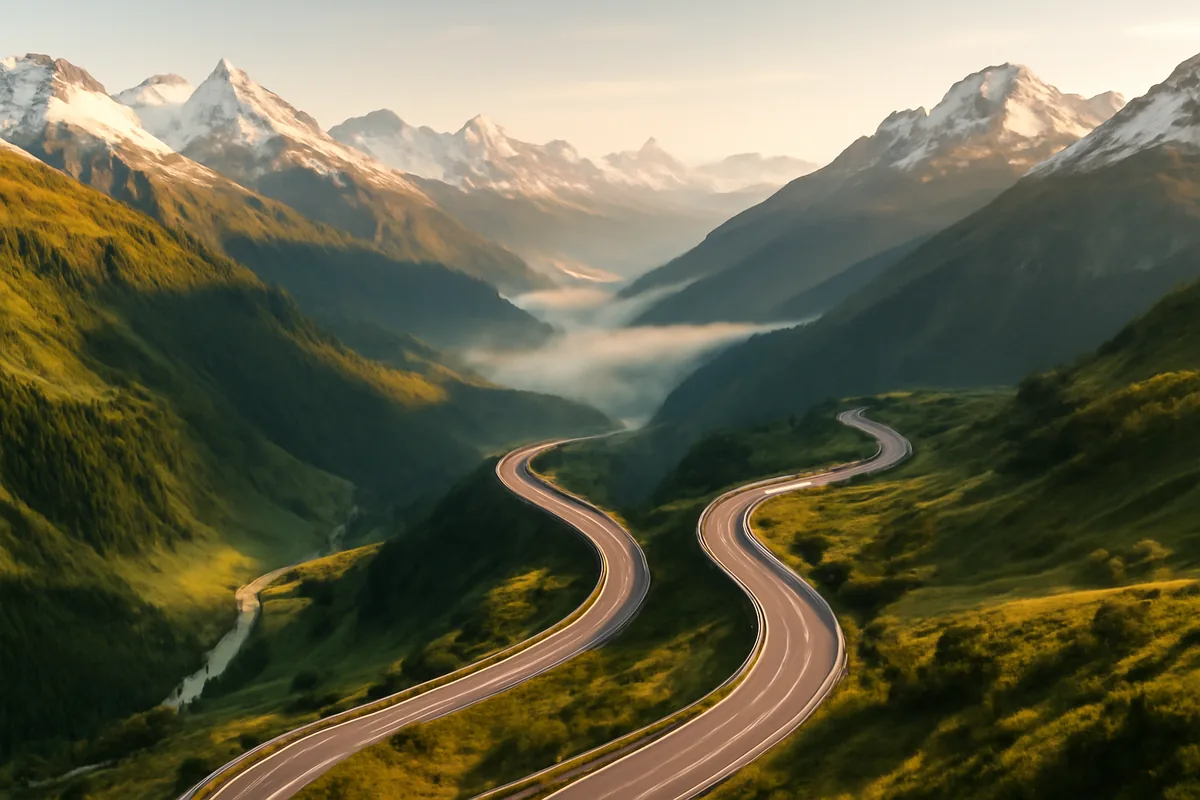 Aerial view of a scenic European alpine highway winding through green mountain valleys with snow-capped peaks in the background during golden hour