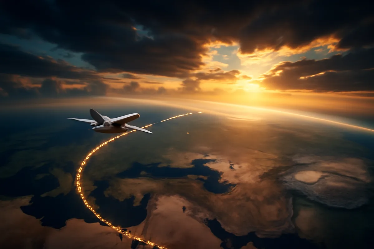 Aerial view of dramatic cloudscape over Earth's curvature with golden sunlight, representing international travel across continents