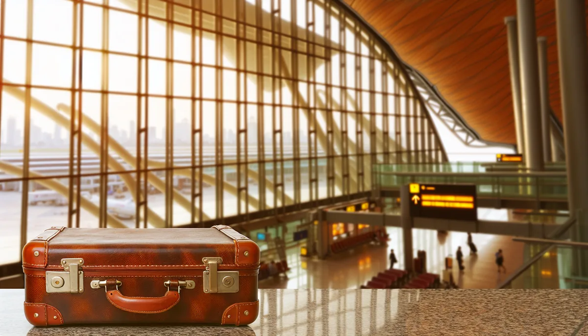 A leather travel suitcase positioned at an airport departure gate with European architecture visible through terminal windows in warm golden lighting