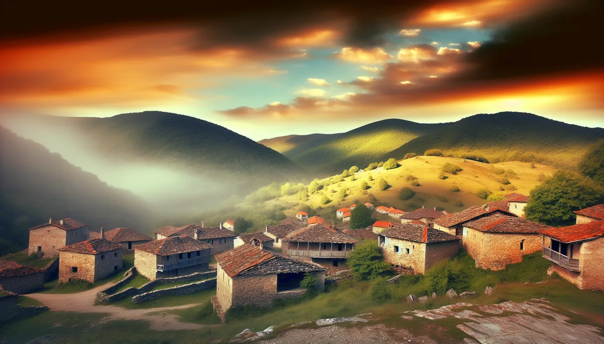 Scenic mountain valley with traditional stone village featuring terracotta roofs, surrounded by misty peaks and golden morning light