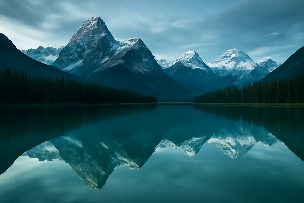 Stunning panoramic view of the Canadian Rocky Mountains reflected in a turquoise glacial lake, surrounded by pine forests and snow-capped peaks under soft morning light.