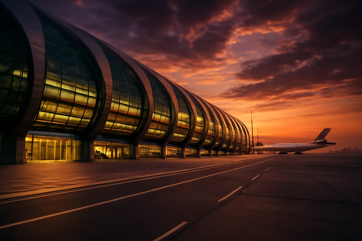 Dubai International Airport terminal exterior at dusk with warm golden lighting reflecting off modern glass architecture and aircraft visible on the tarmac in the background