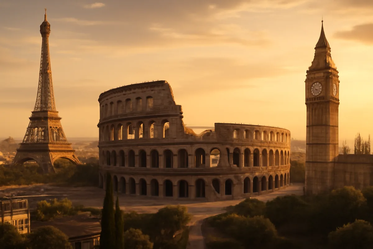 Panoramic European landscape featuring iconic landmarks from multiple countries including the Eiffel Tower, Colosseum, and Big Ben in a dreamy golden hour composition