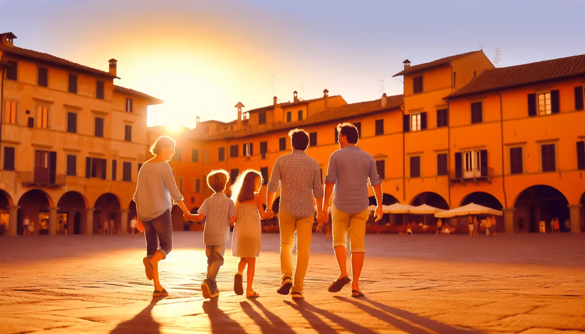 Family of four walking together through a picturesque Italian town square during golden hour, with traditional Mediterranean architecture in the background