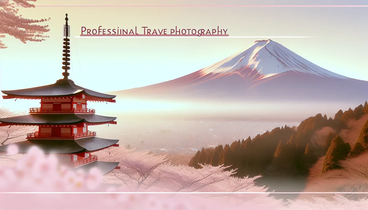 Mount Fuji viewed through cherry blossom branches with a traditional Japanese pagoda in the scenic landscape