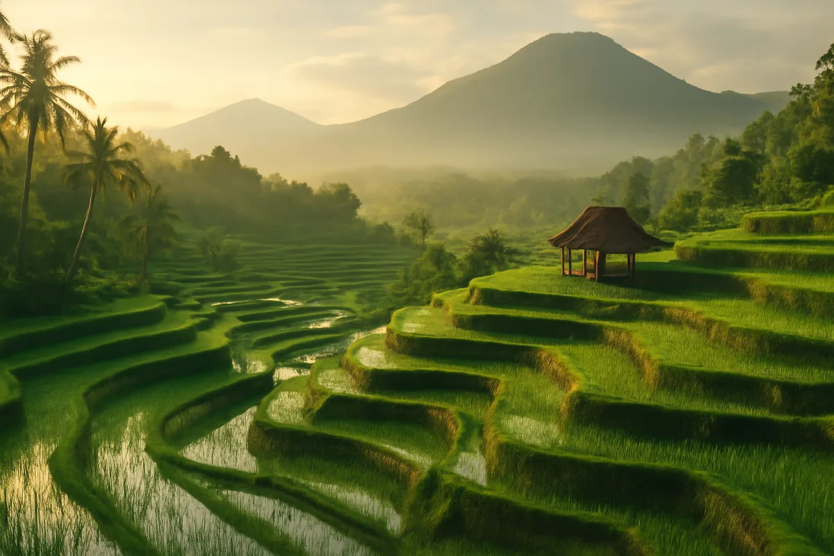Lush green terraced rice paddies in Bali, Indonesia, with a traditional pavilion and misty volcanic mountains in the background during golden hour