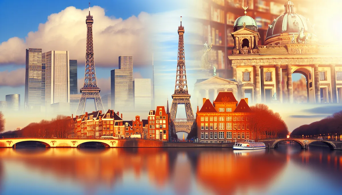 Dreamy European cityscape montage featuring iconic landmarks from Paris, Amsterdam, and Berlin bathed in golden hour lighting