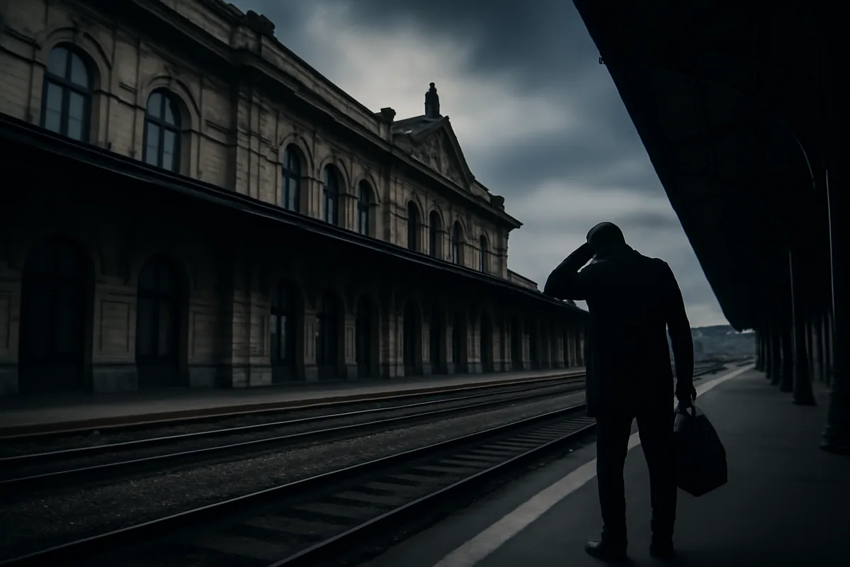 Silhouette of a traveler standing alone on a European train station platform under moody, overcast skies