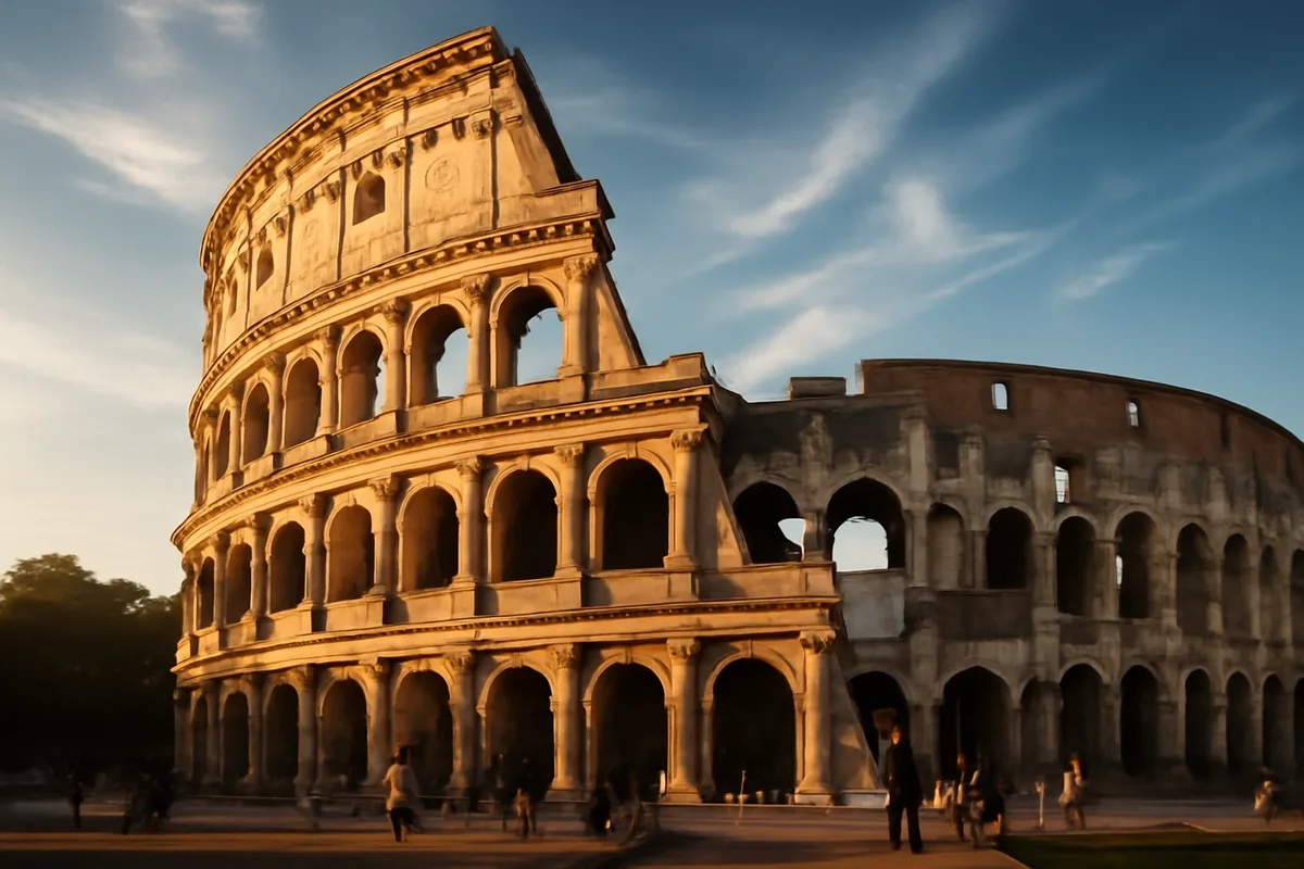 Golden hour view of the Roman Colosseum with warm sunlight illuminating the ancient stone architecture and small silhouettes of visitors exploring the historic site