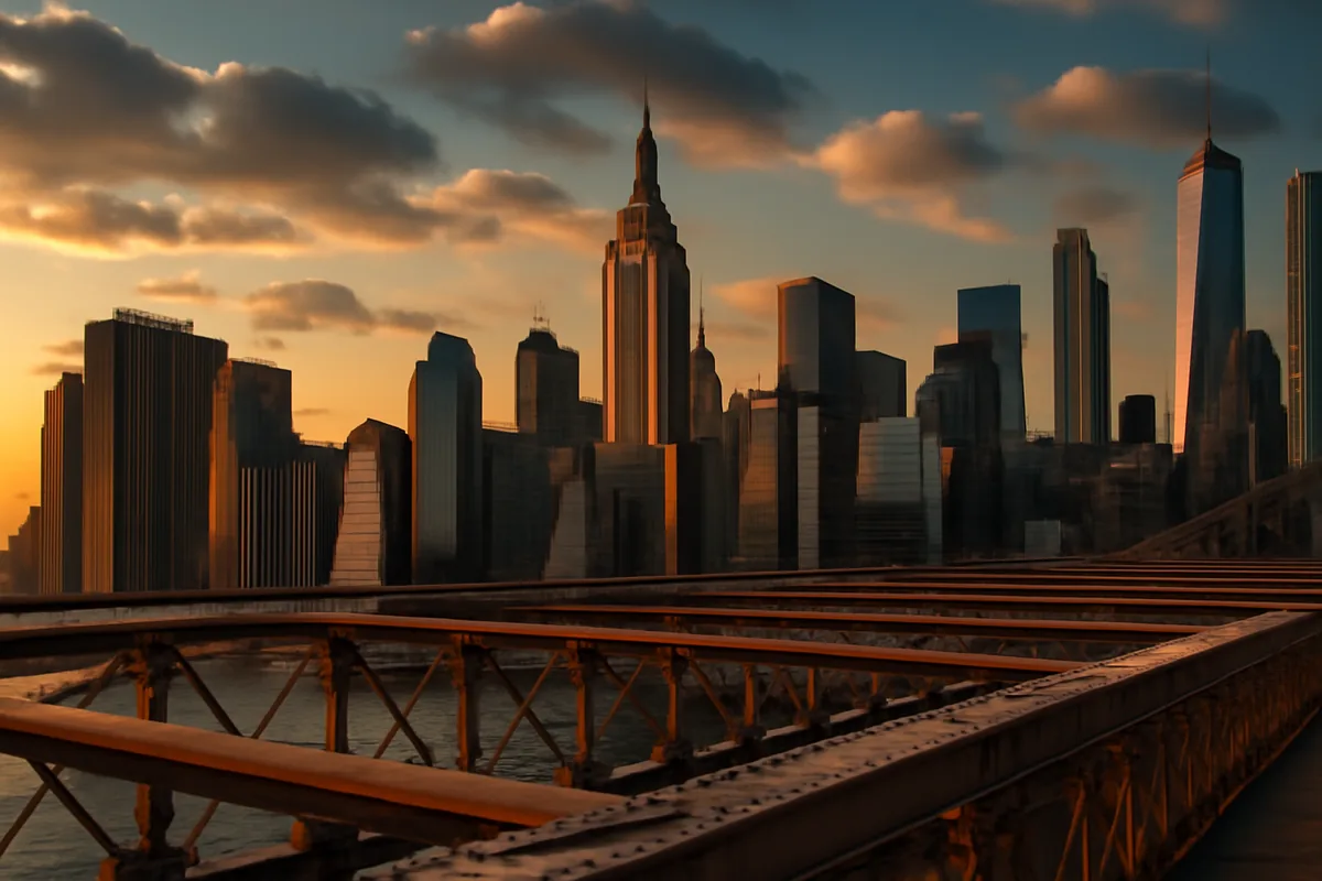 Stunning golden hour view of New York City skyline featuring the Empire State Building and Manhattan skyscrapers as seen from Brooklyn Bridge