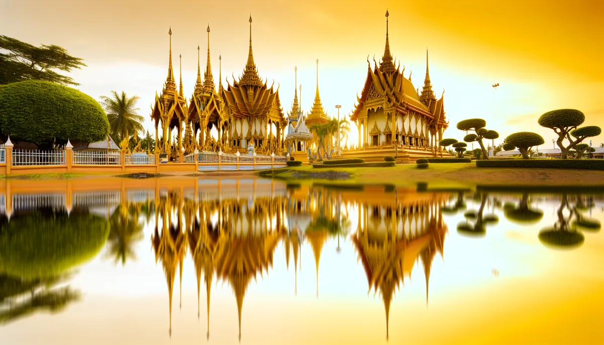 Golden Buddhist temple with ornate spires reflecting in calm water at sunset in Thailand