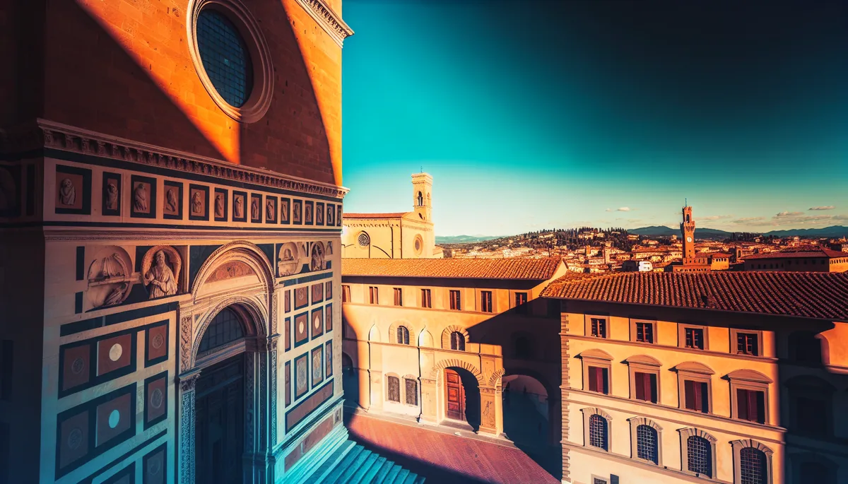 Golden hour view of an Italian landmark with European cityscape in the background, featuring warm terracotta and blue tones in professional travel photography style