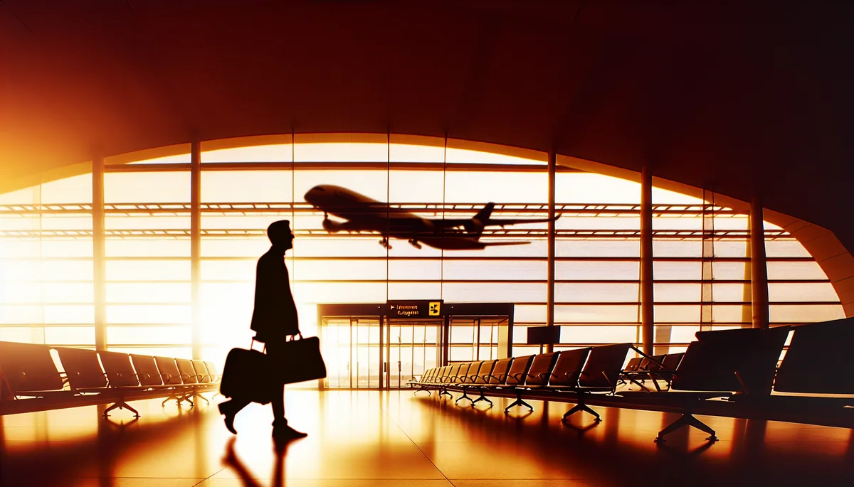 Silhouette of a traveler at an airport departure gate with planes visible through large windows during golden hour