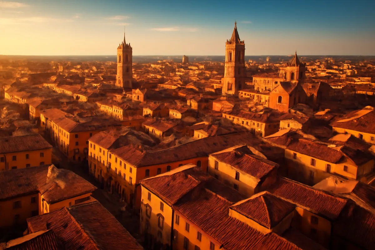 Aerial panoramic view of a historic European city at golden hour, with terracotta rooftops, winding streets, and warm amber light illuminating the architecture