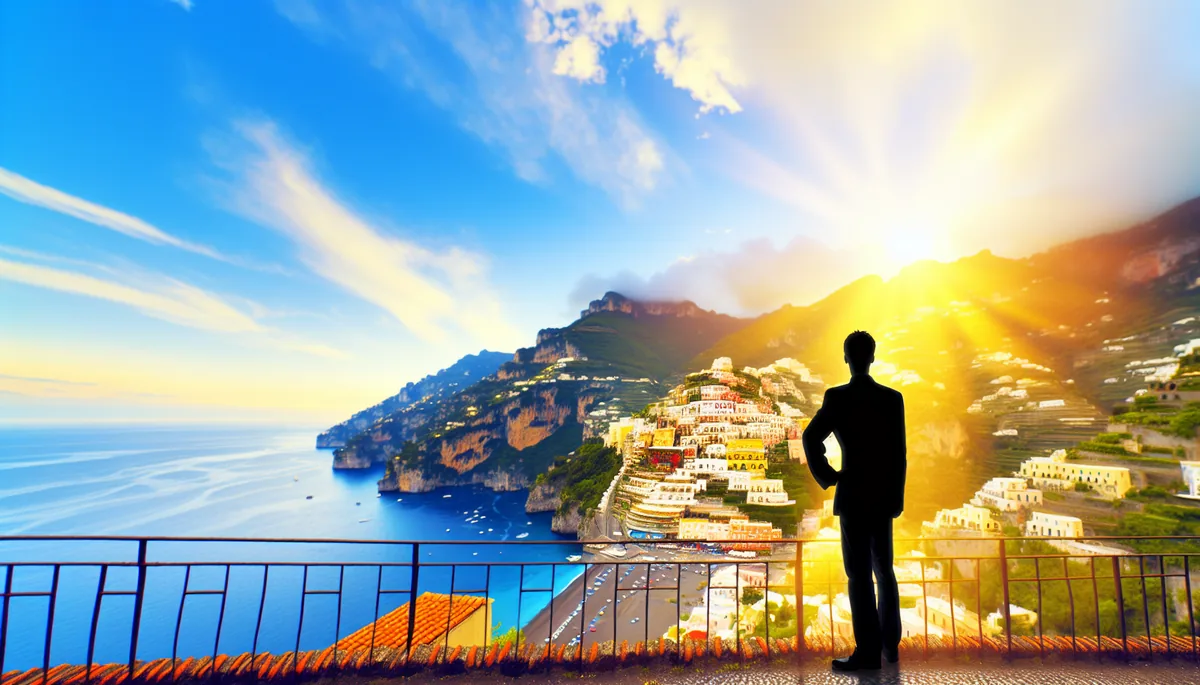Silhouette of a traveler overlooking the scenic Amalfi Coast with colorful villages and Mediterranean waters during golden hour