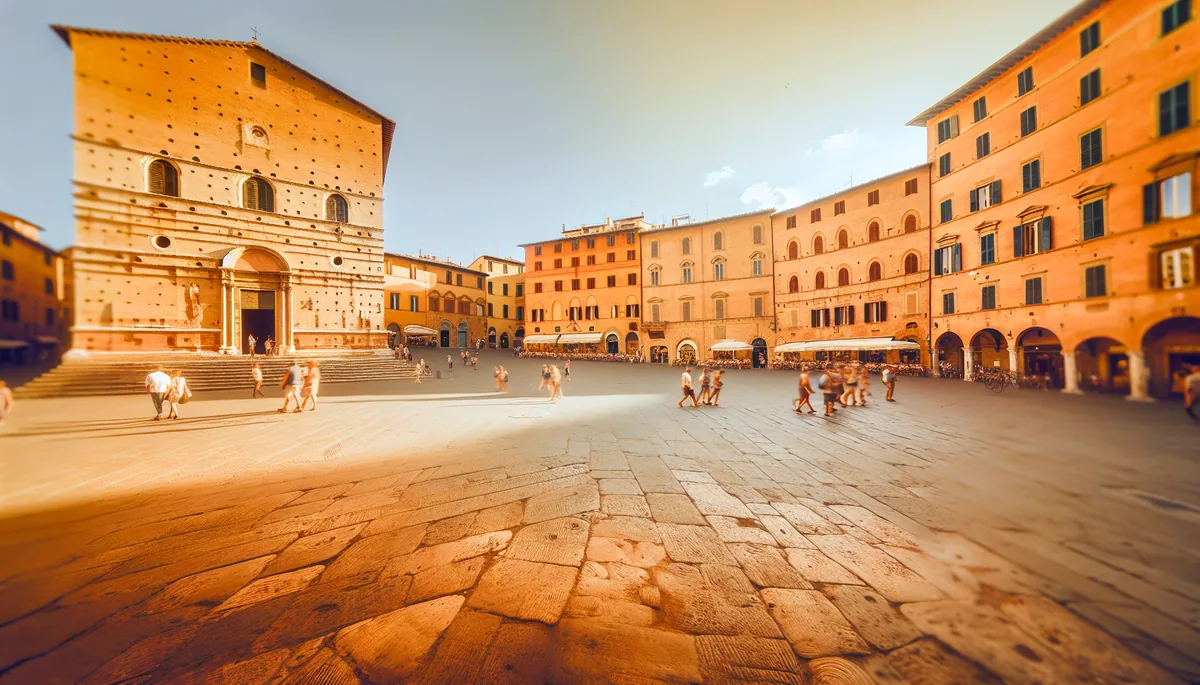 A picturesque Italian town square with historic buildings, cobblestone streets, and people strolling in warm golden light