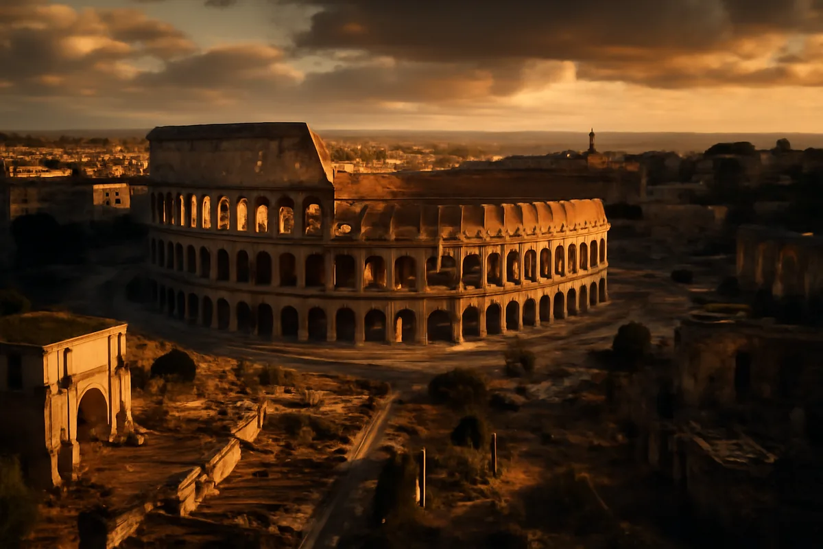 Aerial golden hour view of the Colosseum in Rome, surrounded by ancient ruins bathed in warm amber light