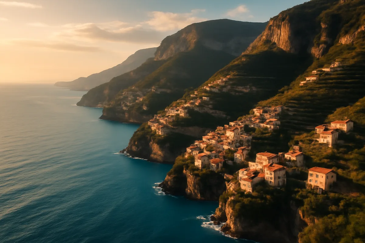 Aerial view of the Amalfi Coast in Italy, showing dramatic cliffs, terraced villages, and turquoise Mediterranean waters bathed in golden hour light.