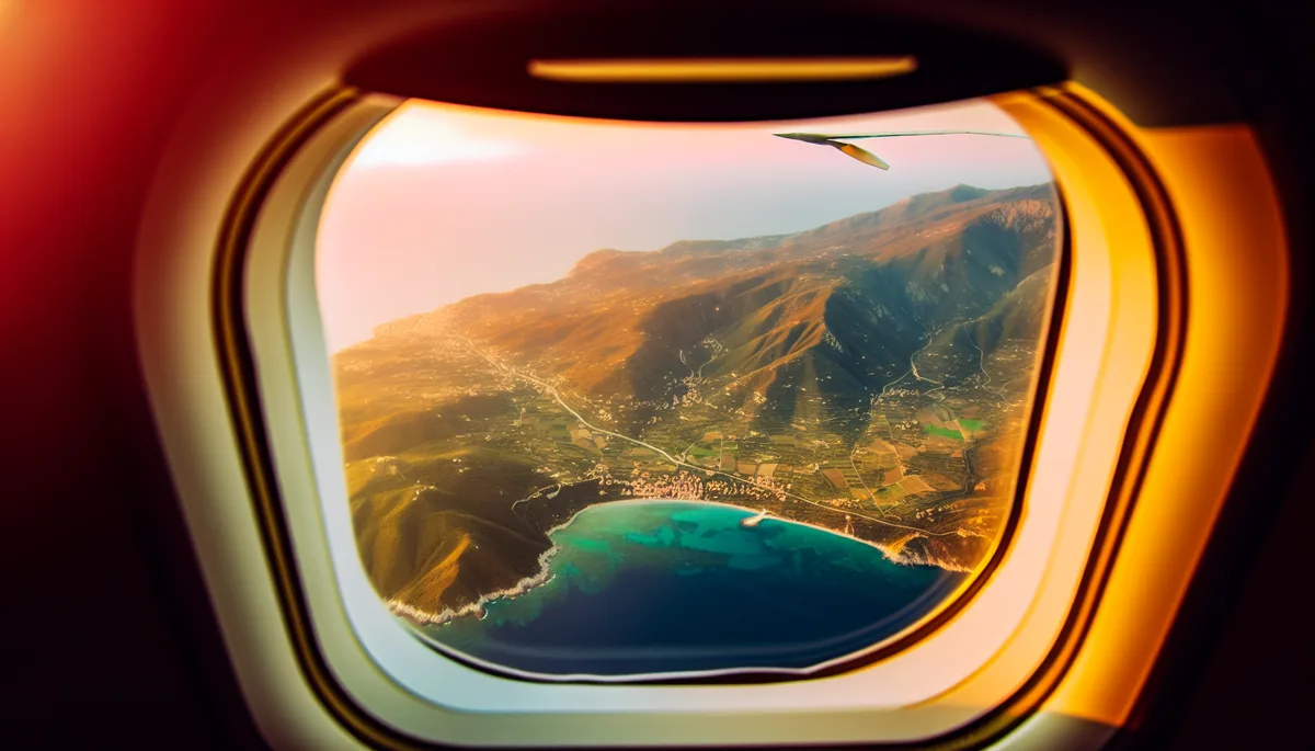 Aerial view from airplane window showing Italian landscape during golden hour takeoff