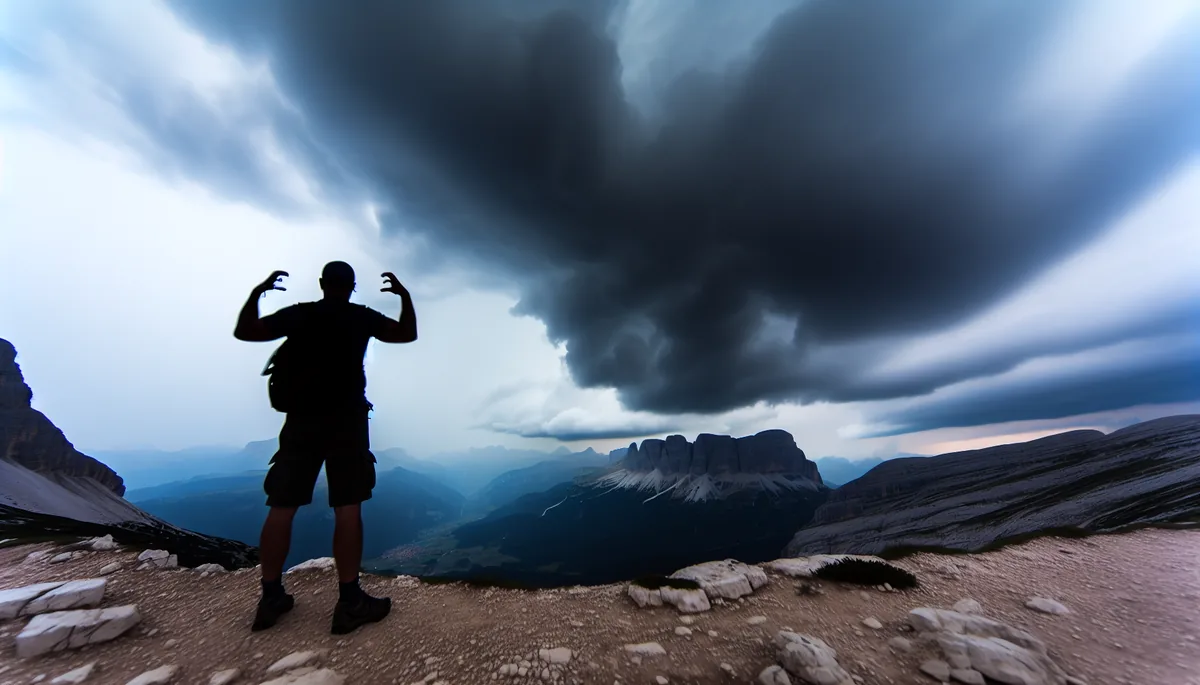 Silhouette of a traveler standing alone at a mountain viewpoint under dramatic storm clouds in the Italian Alps, conveying challenges and obstacles in travel