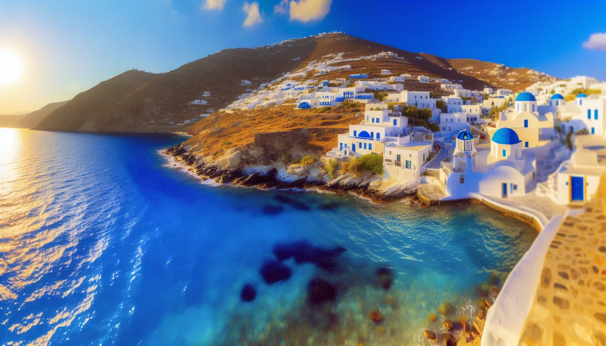 Scenic Mediterranean coastal view with traditional white buildings and blue-domed churches overlooking turquoise waters during golden hour